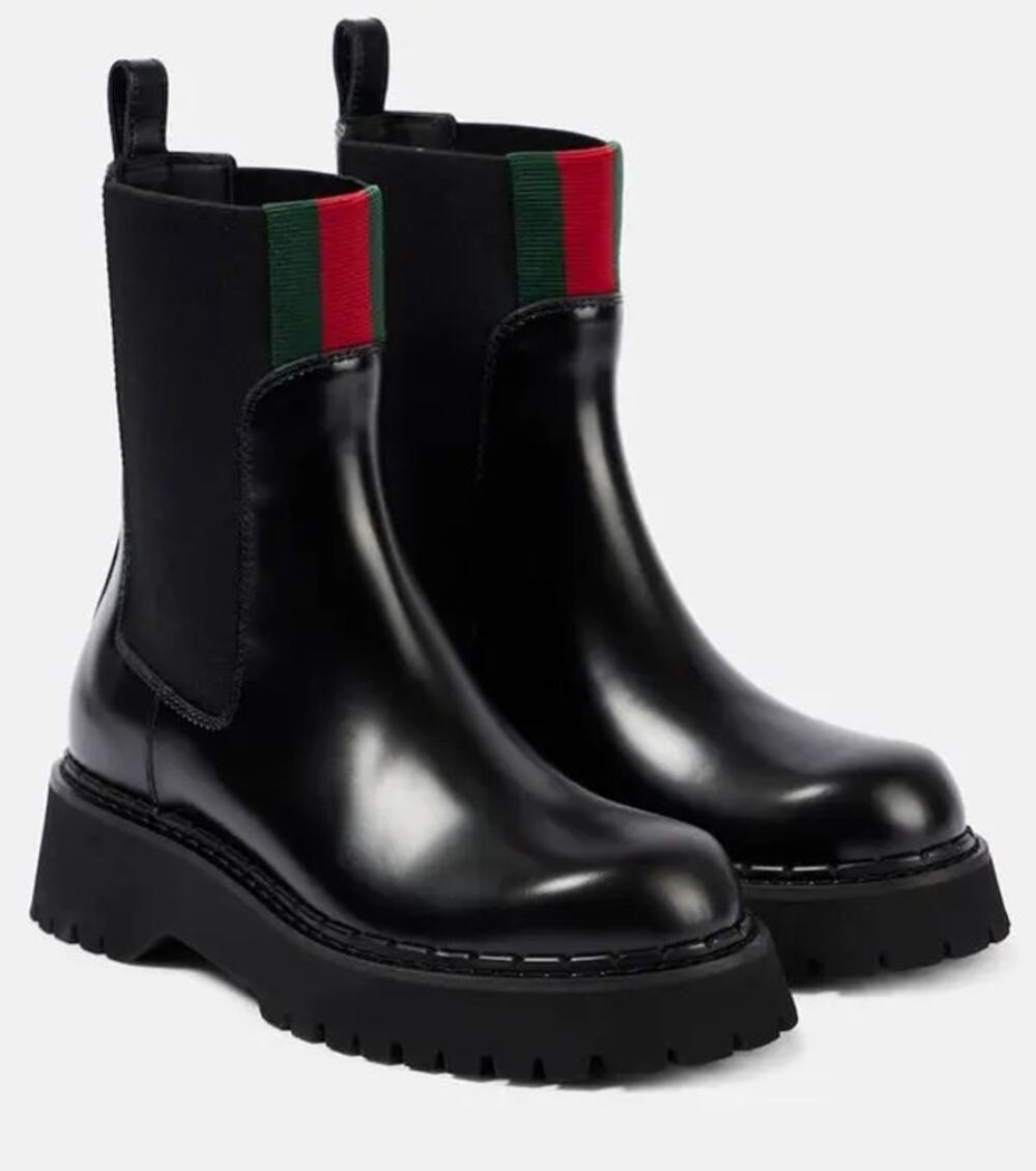 Gucci Web Stripe Leather Chelsea Boots Black Size 38.5 Brand New in Box